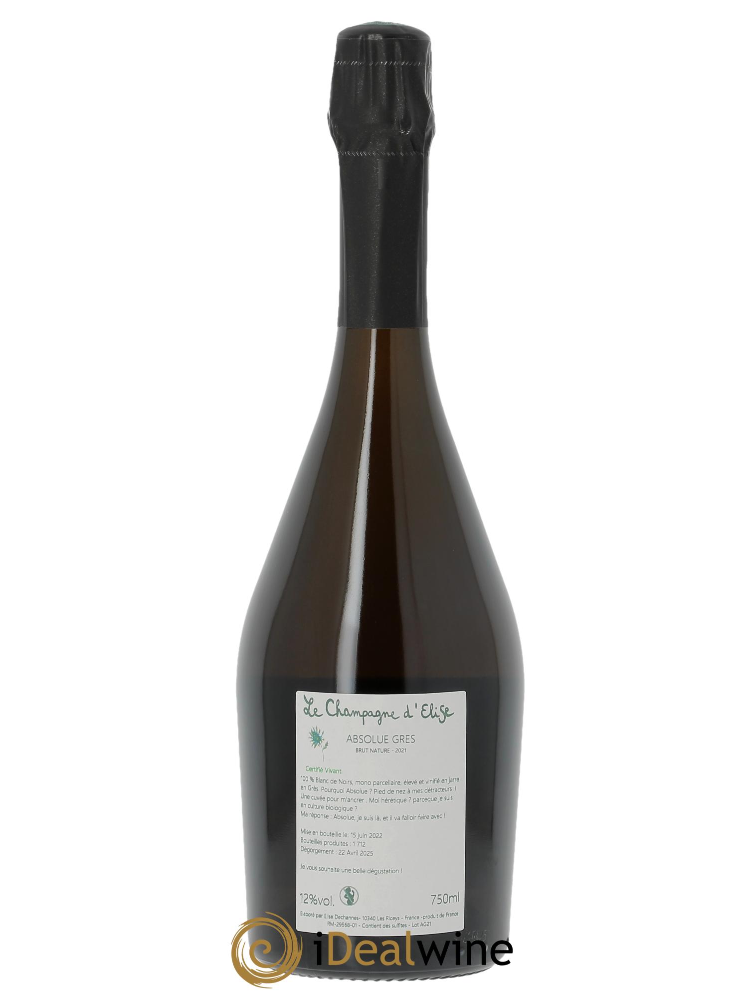 Absolue Grès Blanc de Noirs Brut Nature Elise Dechannes (Domaine) 2021 - Lot de 1 bouteille - 1