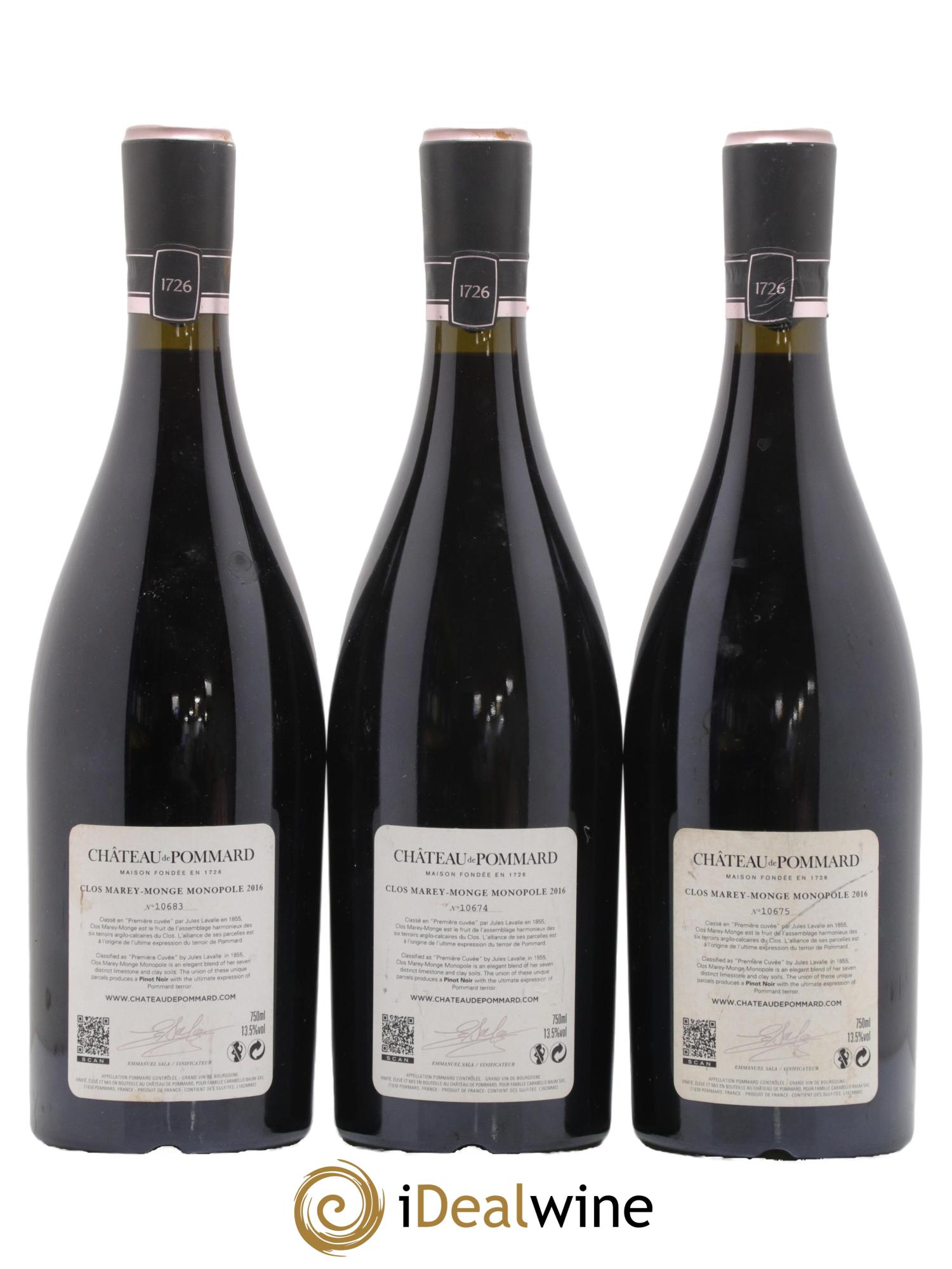 Pommard Clos Marey Monge Château de Pommard 2016 - Lot de 3 bouteilles - 1