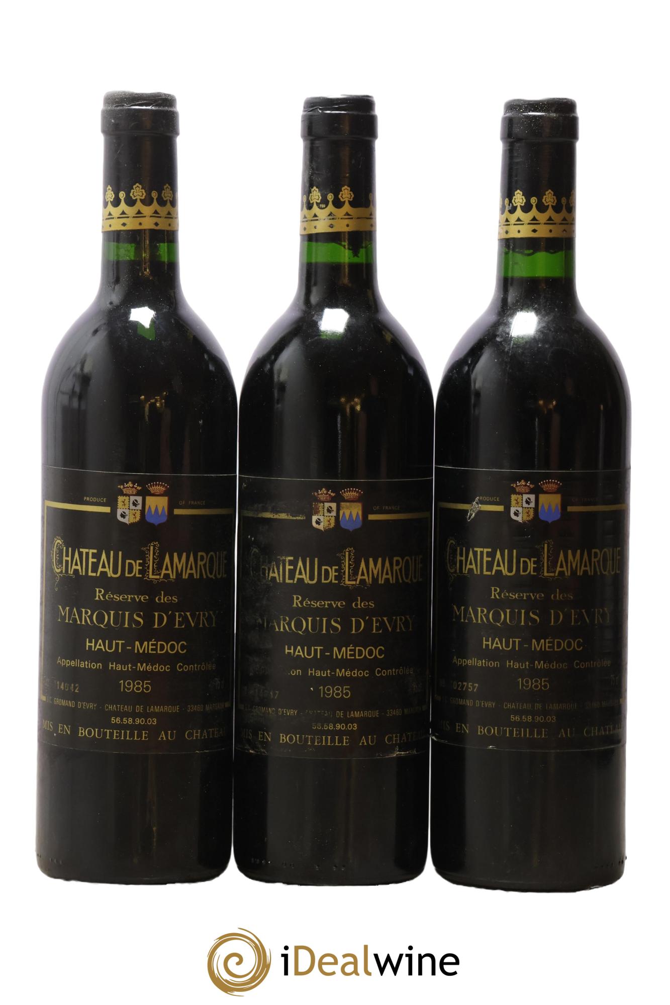 Château de Lamarque Cru Bourgeois Réserve des Marquis d'Evry 1985 - Posten von 3 Flaschen - 0
