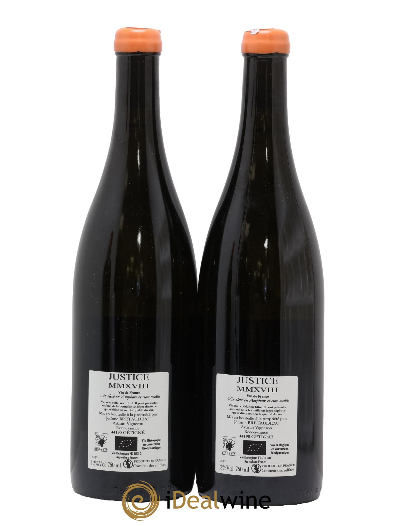 Muscadet-Sèvre-et-Maine Justice Jérôme Bretaudeau - Bellevue (Domaine de) 2018 - Lot de 2 bouteilles - 1
