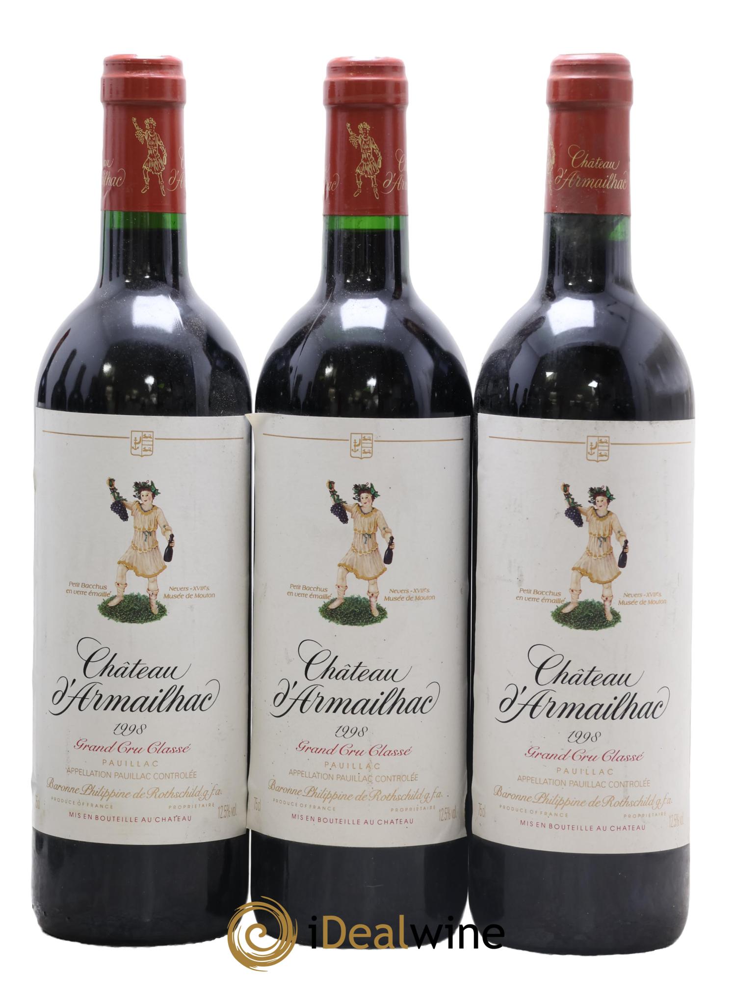 Château d' Armailhac - Mouton Baron(ne) Philippe 5ème Grand Cru Classé 1998 - Lot de 3 bouteilles - 0