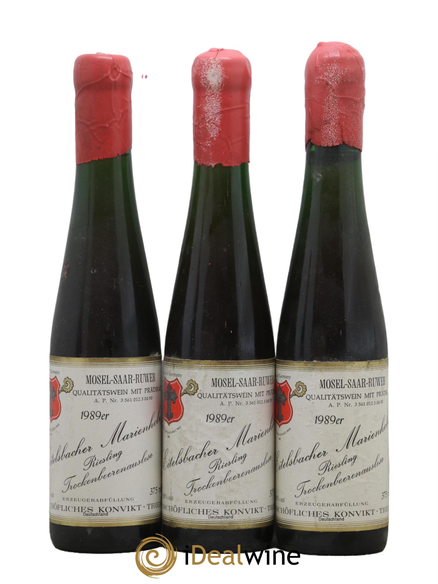 Allemagne Mosel-Saar Trockenbeerenauslese Bischofliches Konvikt Trier Eitelsbacher Marienholz 1989 - Posten von 3 Demi-Flaschen - 0