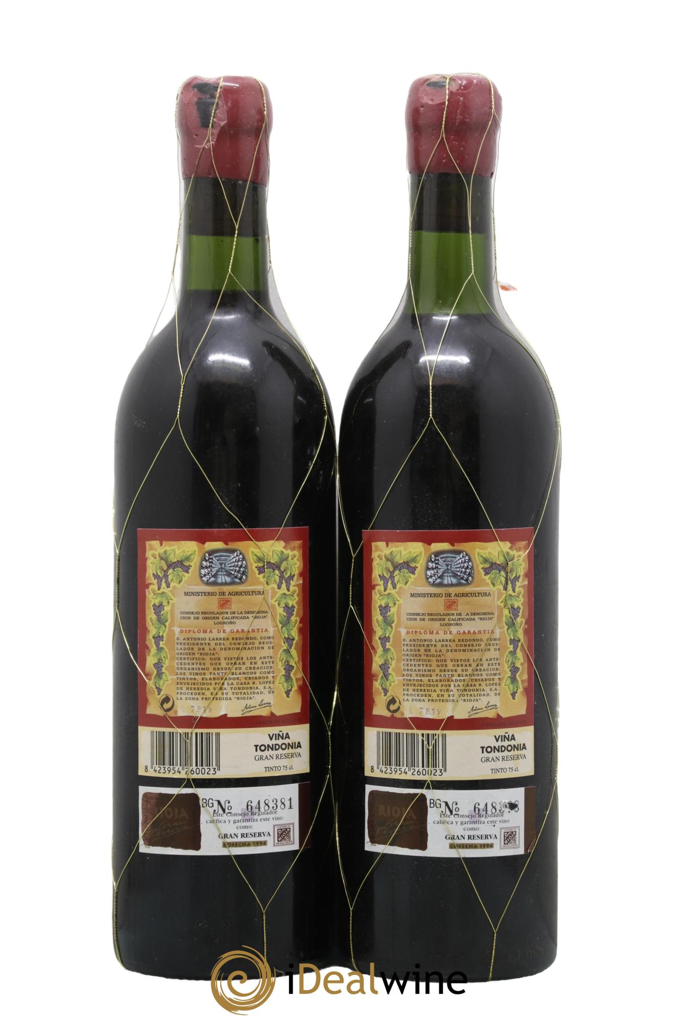 Rioja Gran Reserva Vina Tondonia R. Lopez de Heredia 1994 - Lot de 2 bouteilles - 1