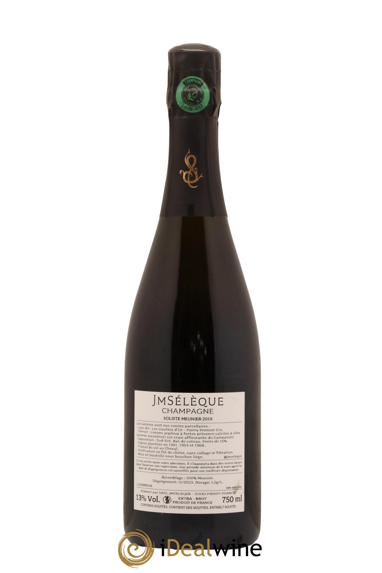 Champagne Extra Brut 1er Cru Soliste Meunier Les Gouttes d Or Jean Marc Seleque 2019 - Lot de 1 bouteille - 1