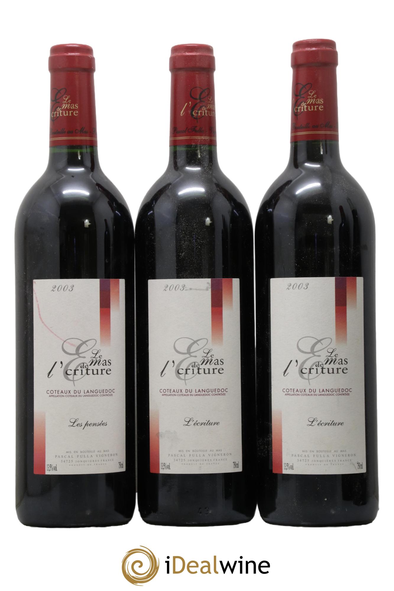 Coteaux du Languedoc L'Ecriture Le Mas De L'Ecriture 2003 - Lot of 3 bottles - 0