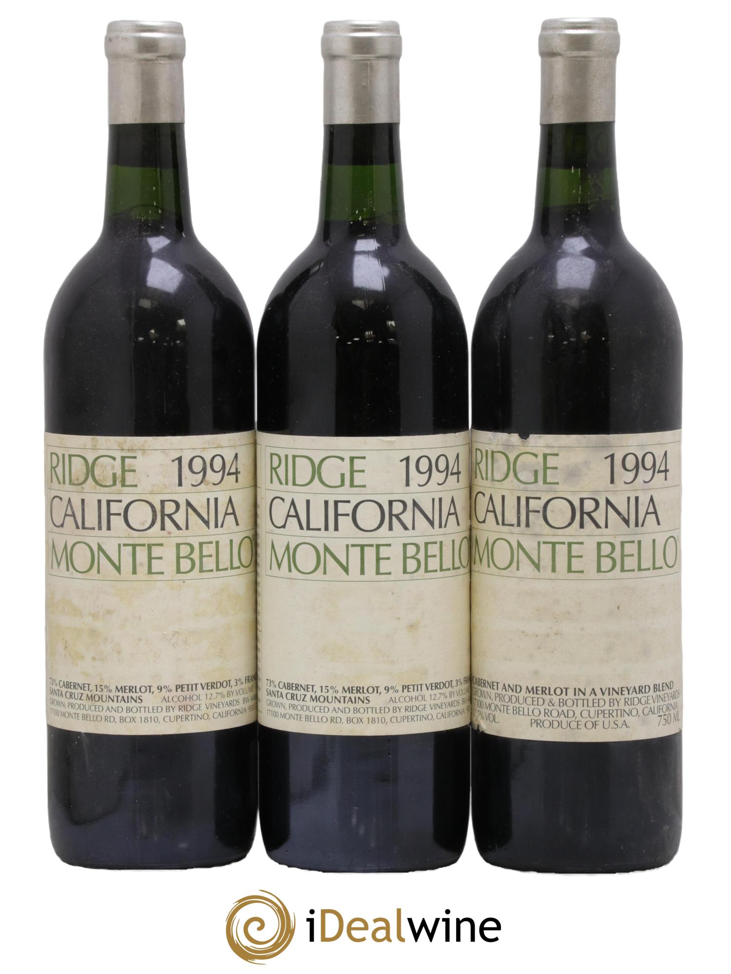 Santa Cruz Mountains Monte Bello Ridge Vineyards 1994 - Lot de 3 bouteilles - 0