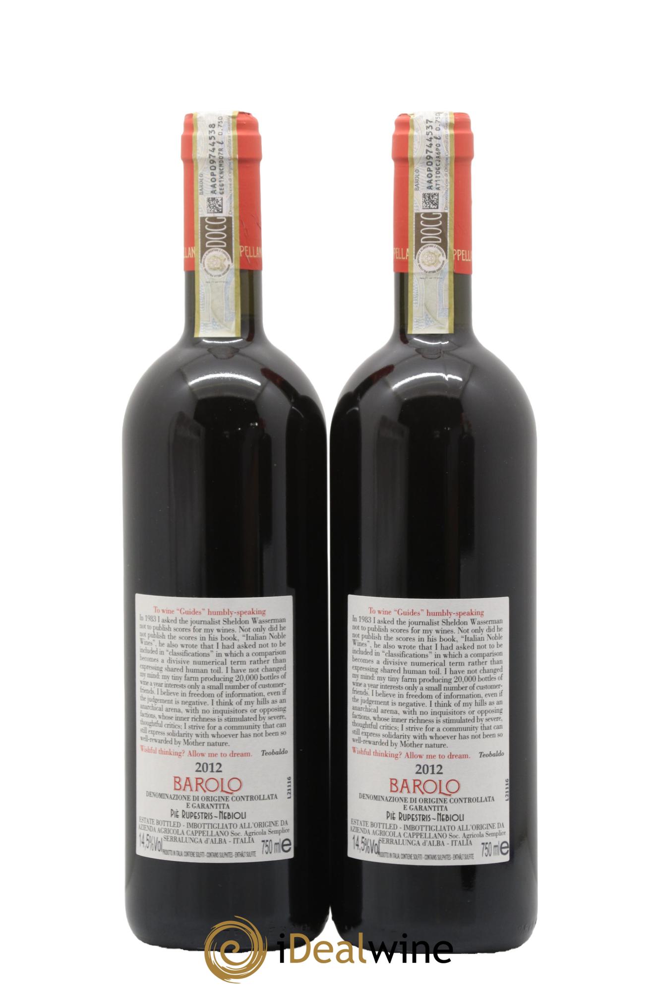 Barolo DOCG Pie Rupestris Cappellano 2012 - Lot of 2 bottles - 1