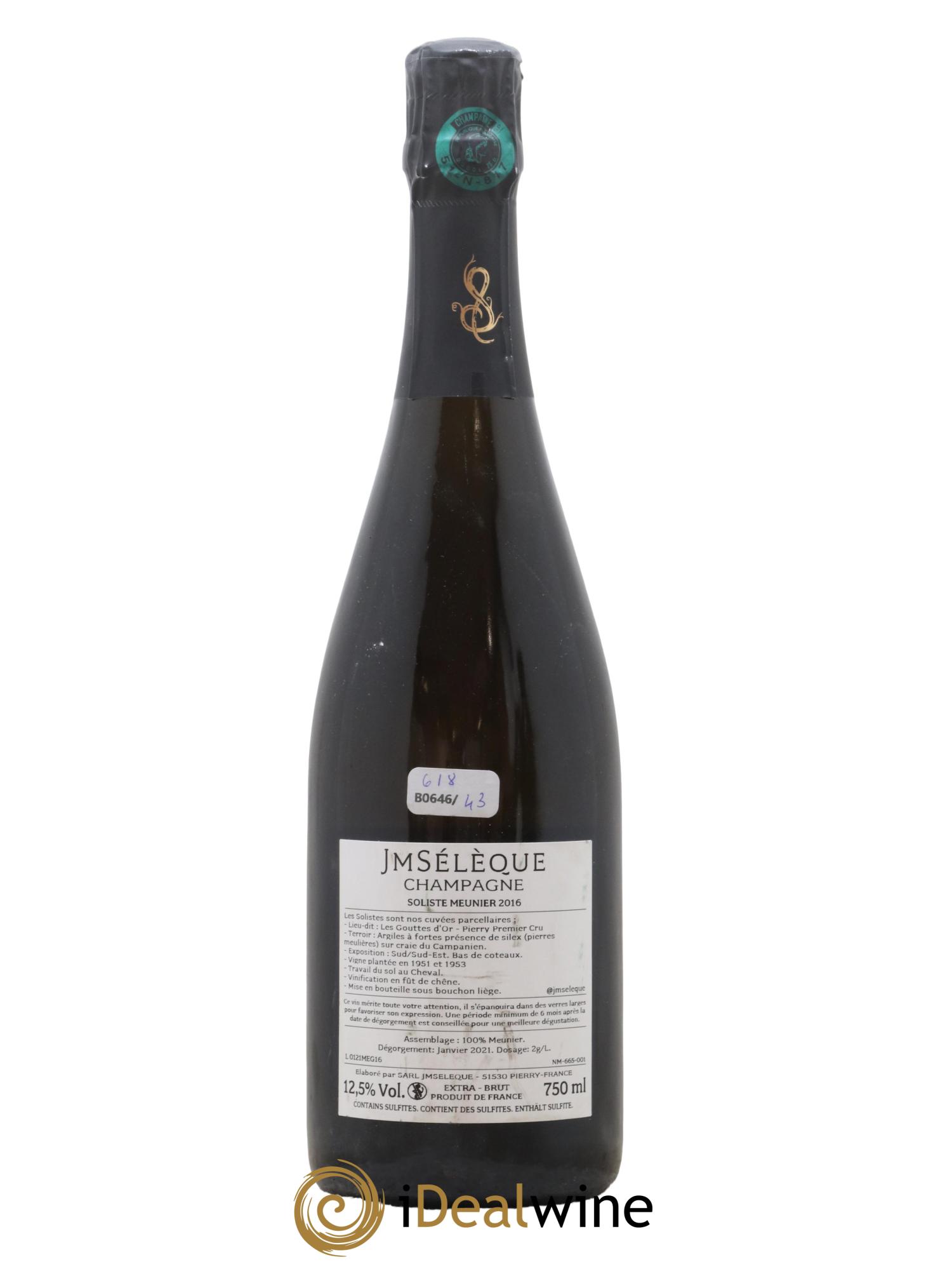 Champagne Extra brut Premier Cru Meunier Les Solistes Millesime Jean Marc Seleque 2016 - Lot de 1 bouteille - 1