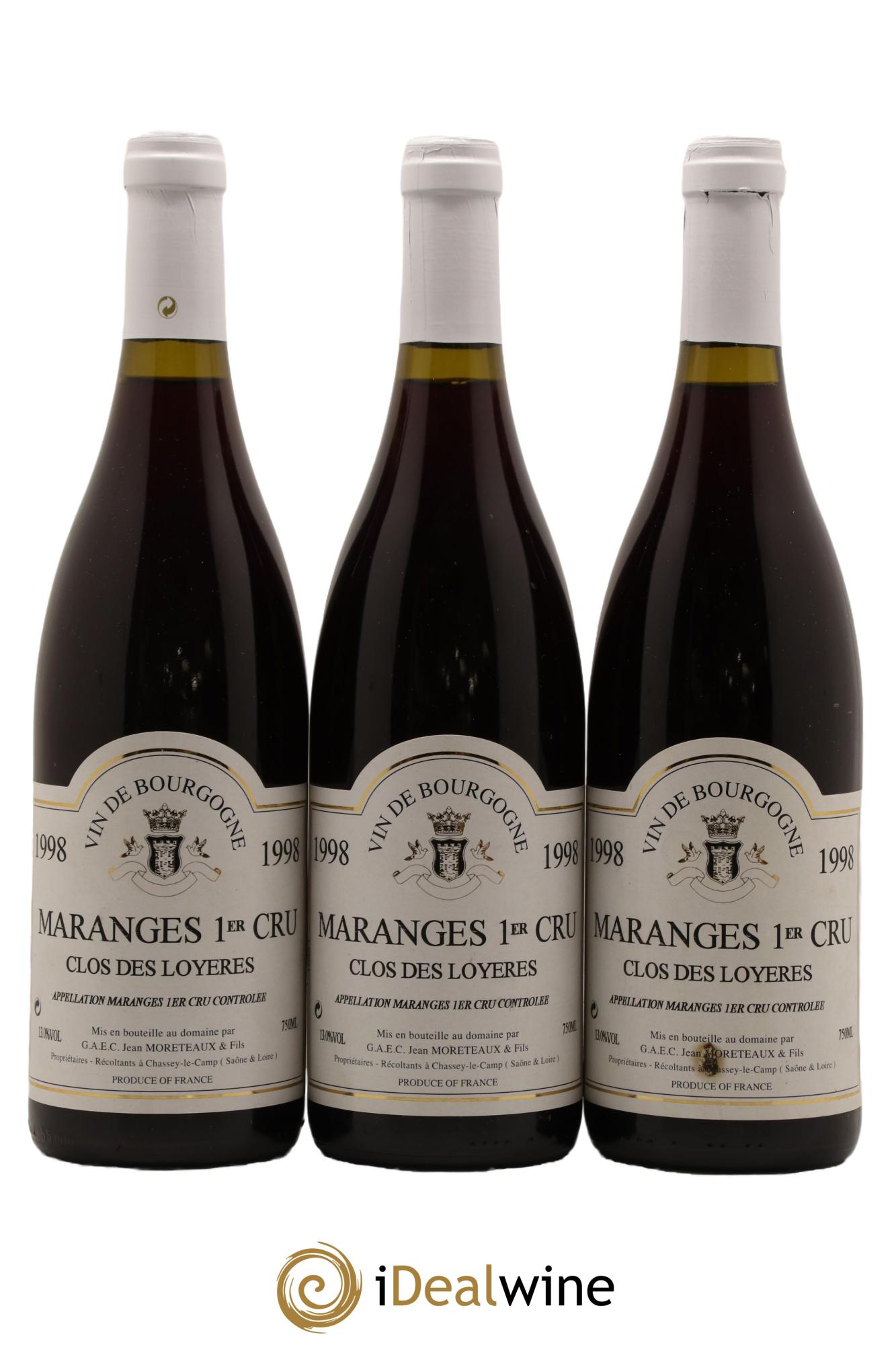Maranges 1er Cru Clos des Loyeres Domaine Jean Moreteaux 1998 - Lot de 3 bouteilles - 0