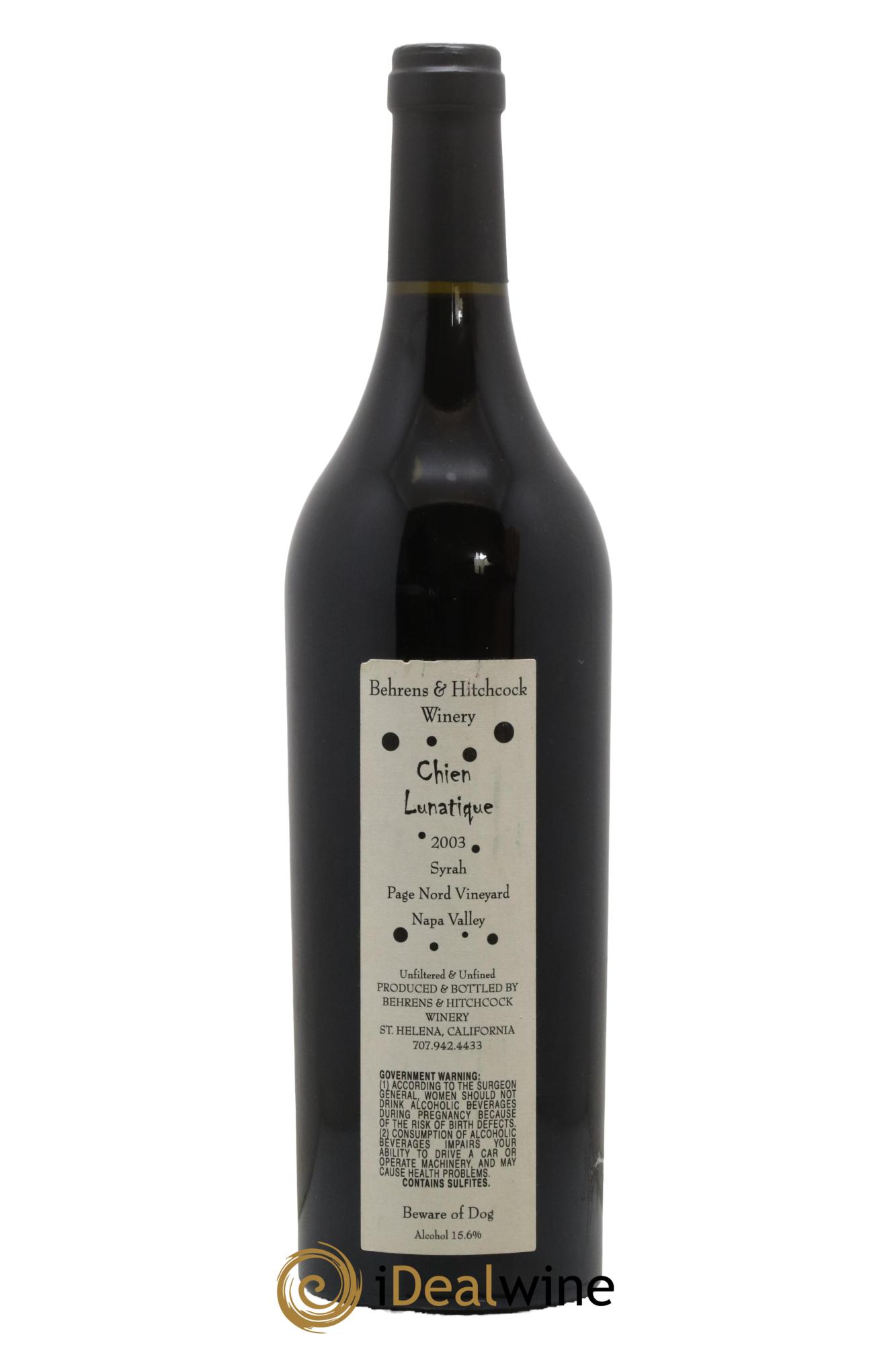 USA Napa Valley Page Nord Vineyard Syrah Chien Lunatique Behrens et Hitchcock 2003 - Lot de 1 bouteille - 1