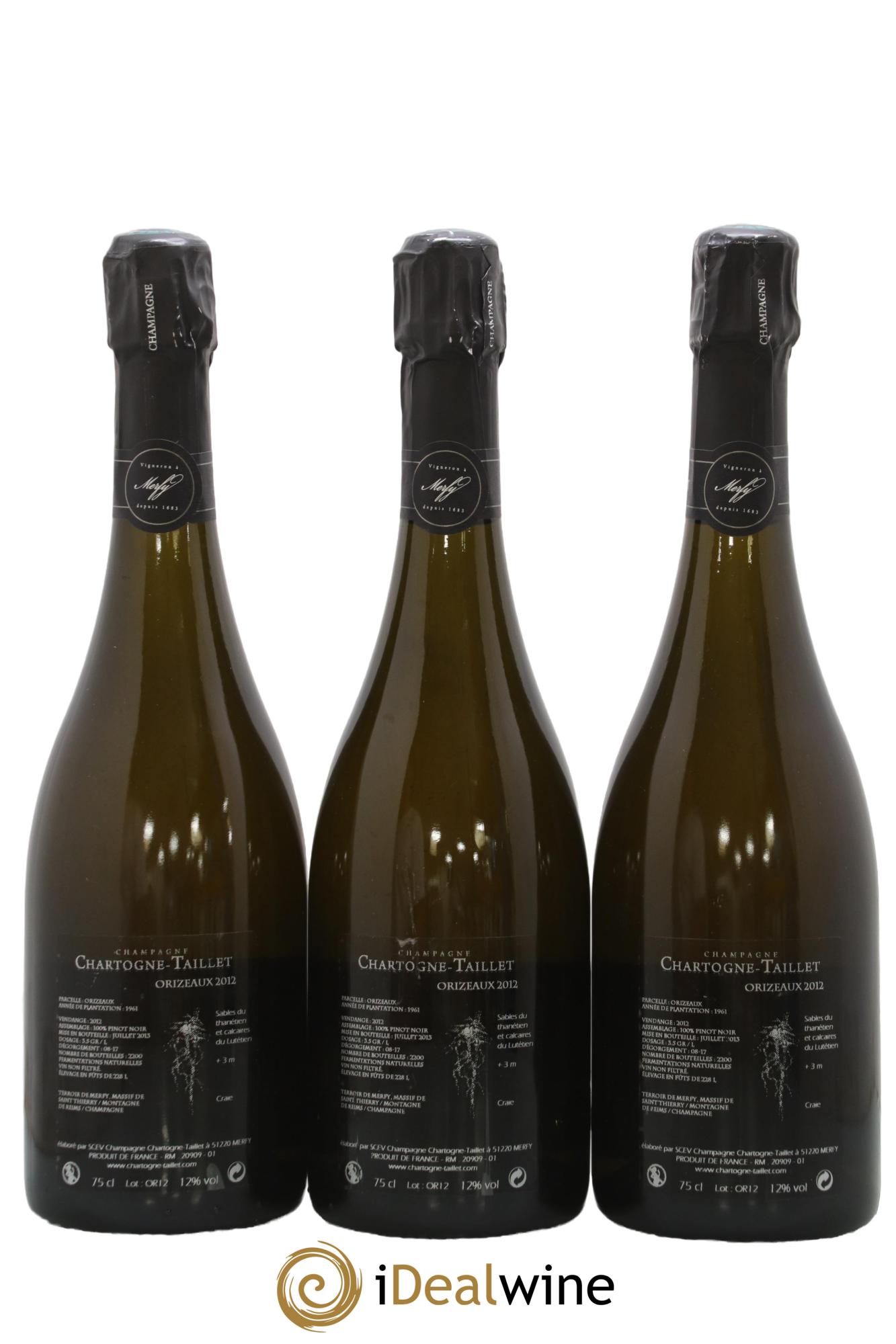 Les Orizeaux Chartogne-Taillet 2012 - Lot of 3 bottles - 1
