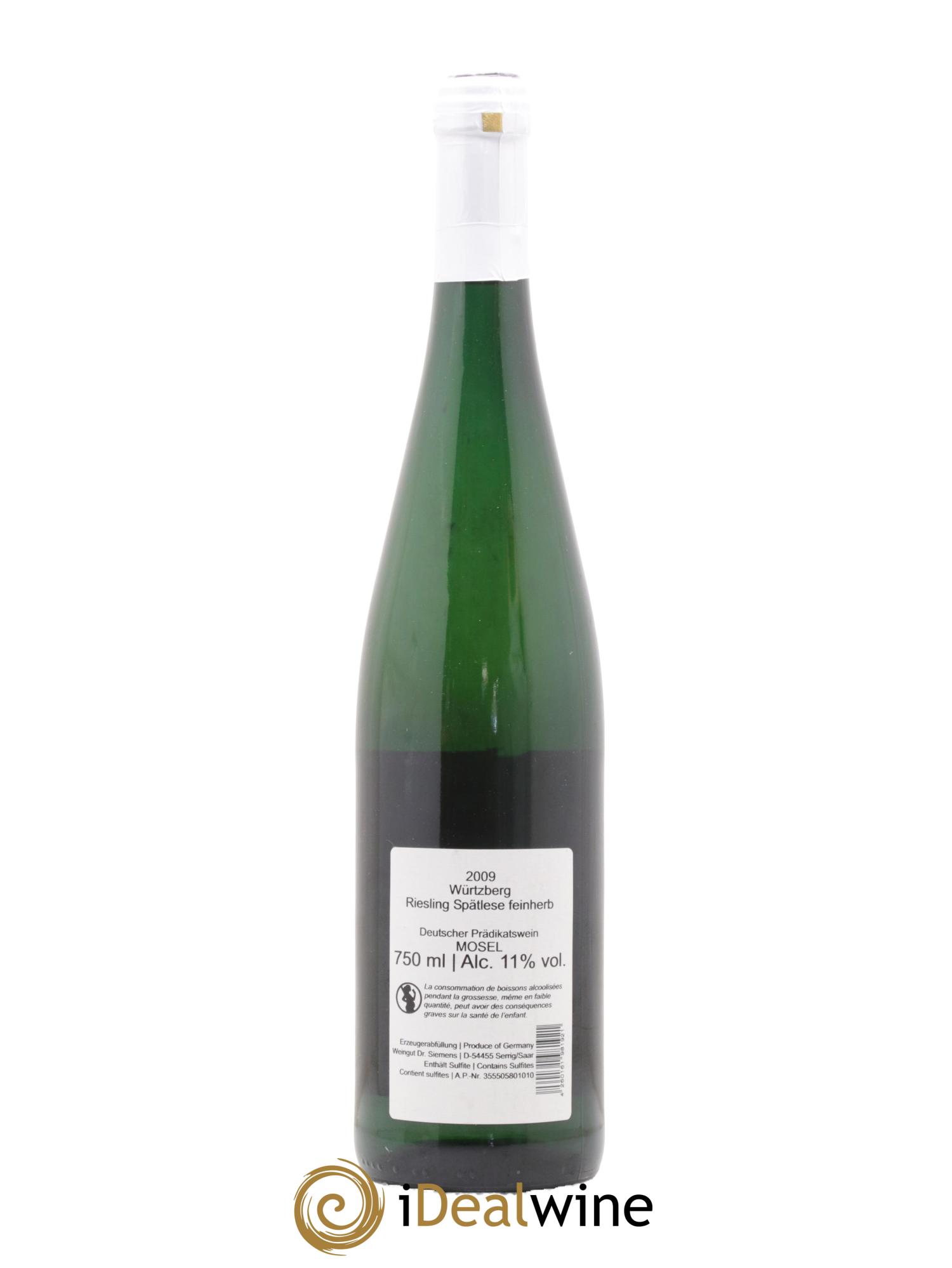 Allemagne Mosel-Saar Riesling Spatlese Feinherb Wurtzberg Dr Siemens 2009 - Lot de 1 bouteille - 1