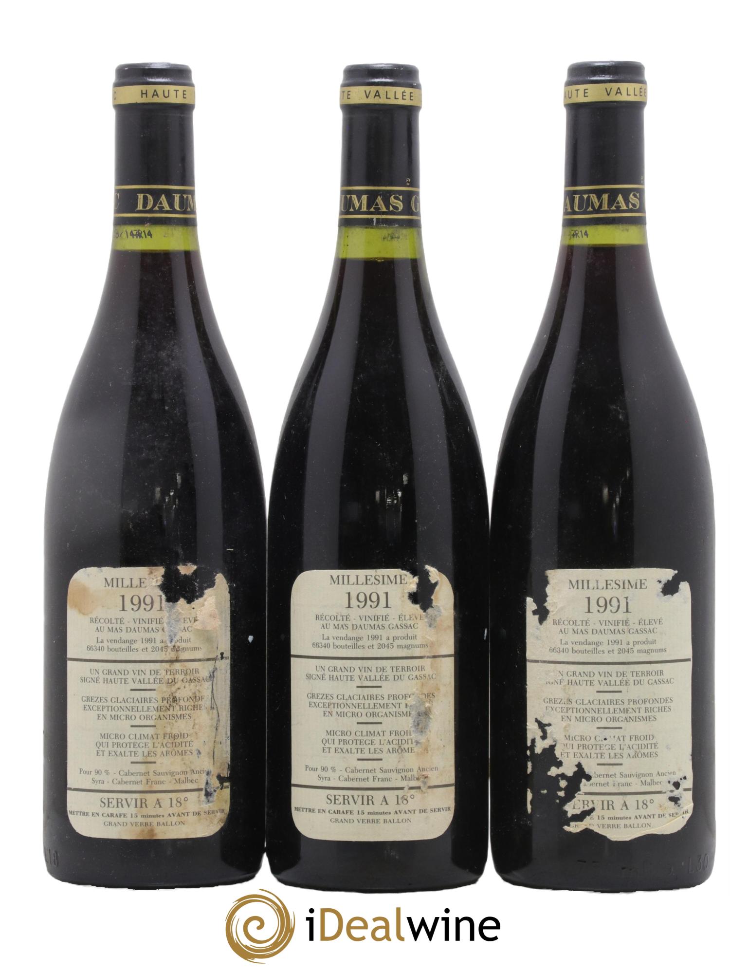 IGP St Guilhem-le-Désert - Cité d'Aniane Mas Daumas Gassac Famille Guibert de La Vaissière 1991 - Posten von 3 Flaschen - 1