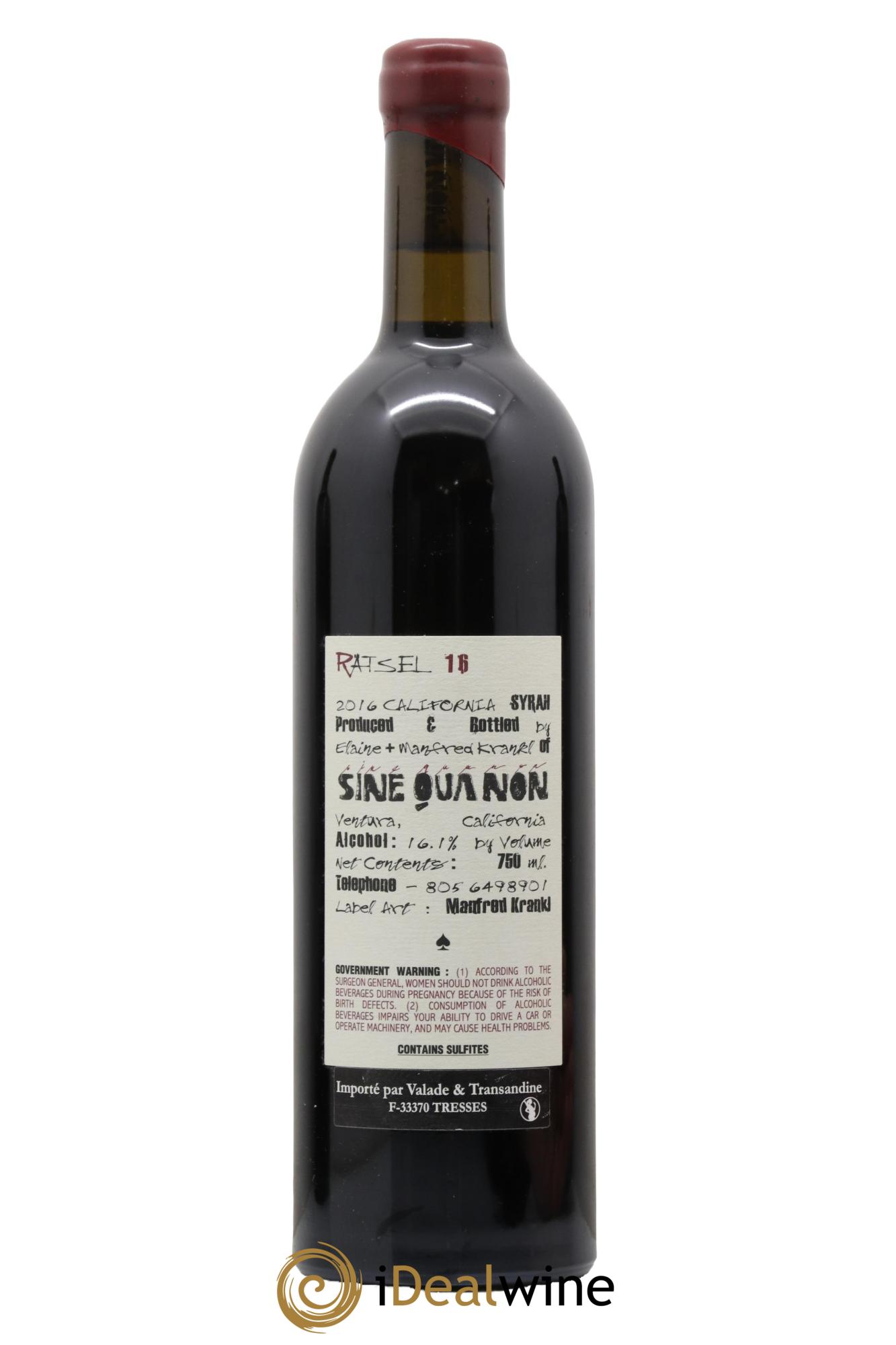 Santa Barbara Sine Qua Non Ratsel Syrah Manfred Krankl 2016 - Lot of 1 bottle - 1