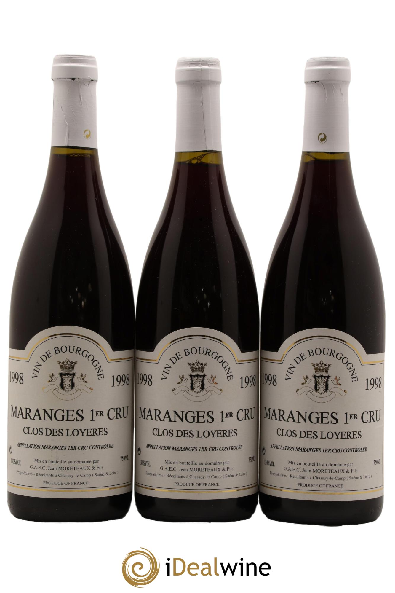 Maranges 1er Cru Clos des Loyeres Domaine Jean Moreteaux 1998 - Lot de 3 bouteilles - 0