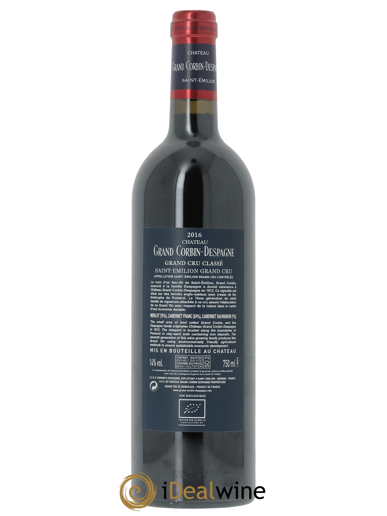Château Grand Corbin Despagne Grand Cru Classé (CBO à partir de 6 bts) 2016 - Lot de 1 bouteille - 1