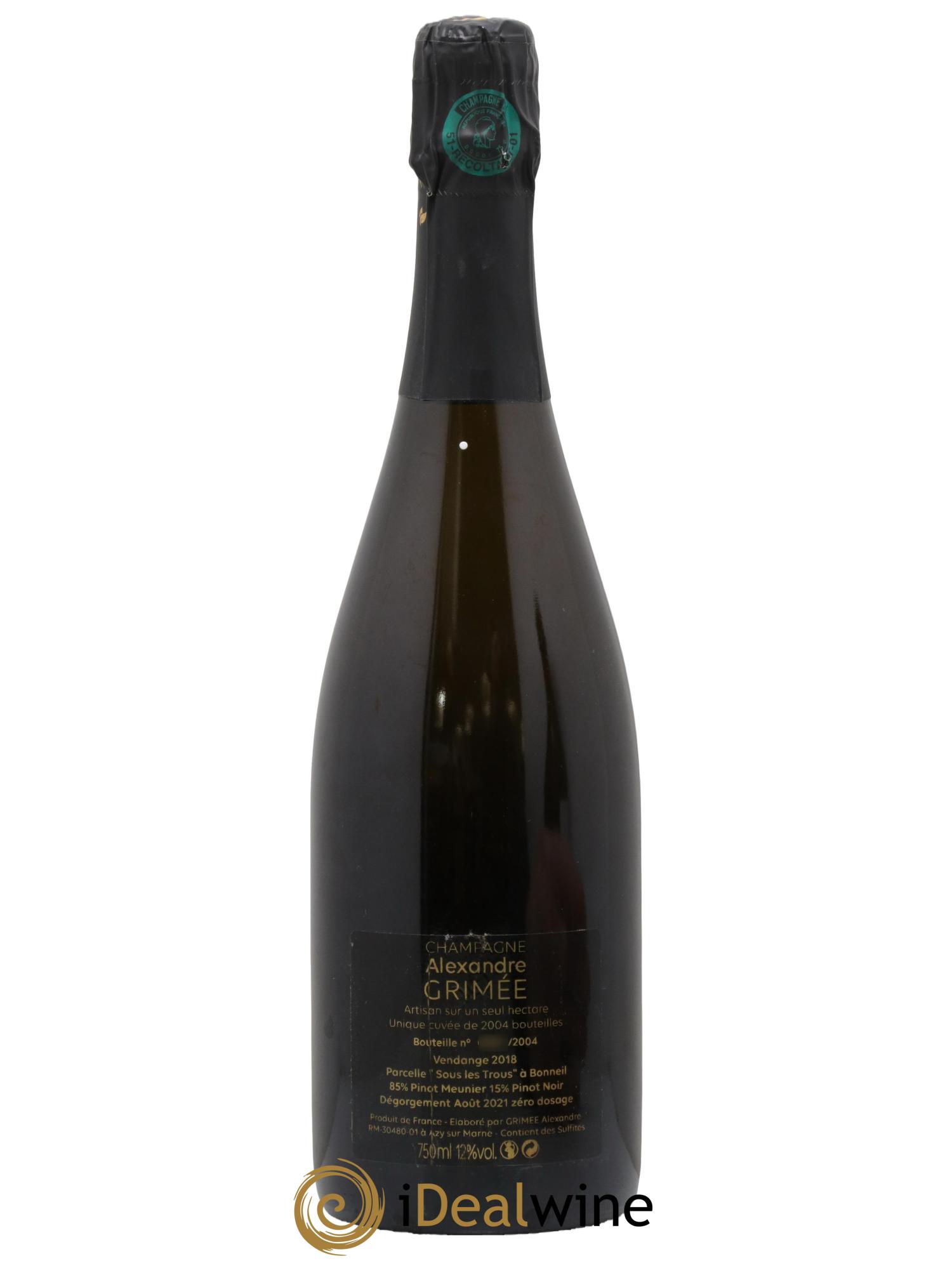Champagne Brut Nature Pinot Meunier Sous les Trous Alexandre Grimée 2018 - Lot de 1 bouteille - 1