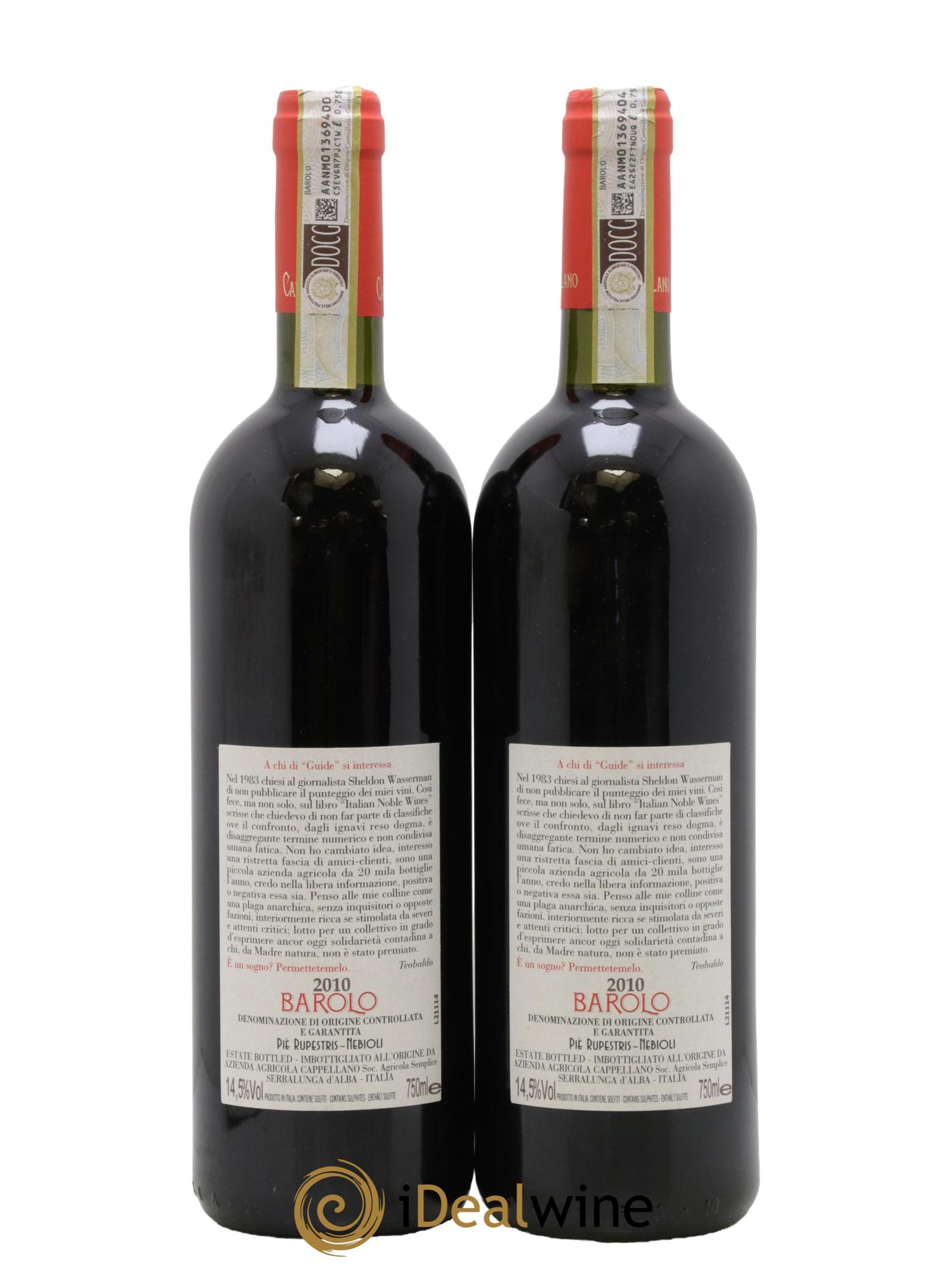 Barolo DOCG Pie Rupestris Cappellano 2010 - Lot of 2 bottles - 1