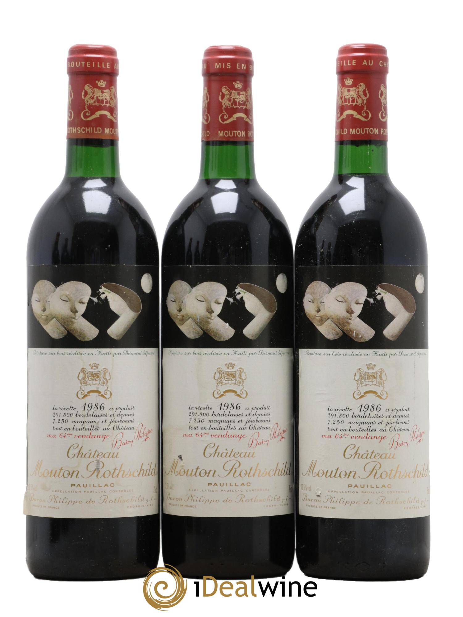 Château Mouton Rothschild 1er Grand Cru Classé 1986 - Lot de 3 bouteilles - 0