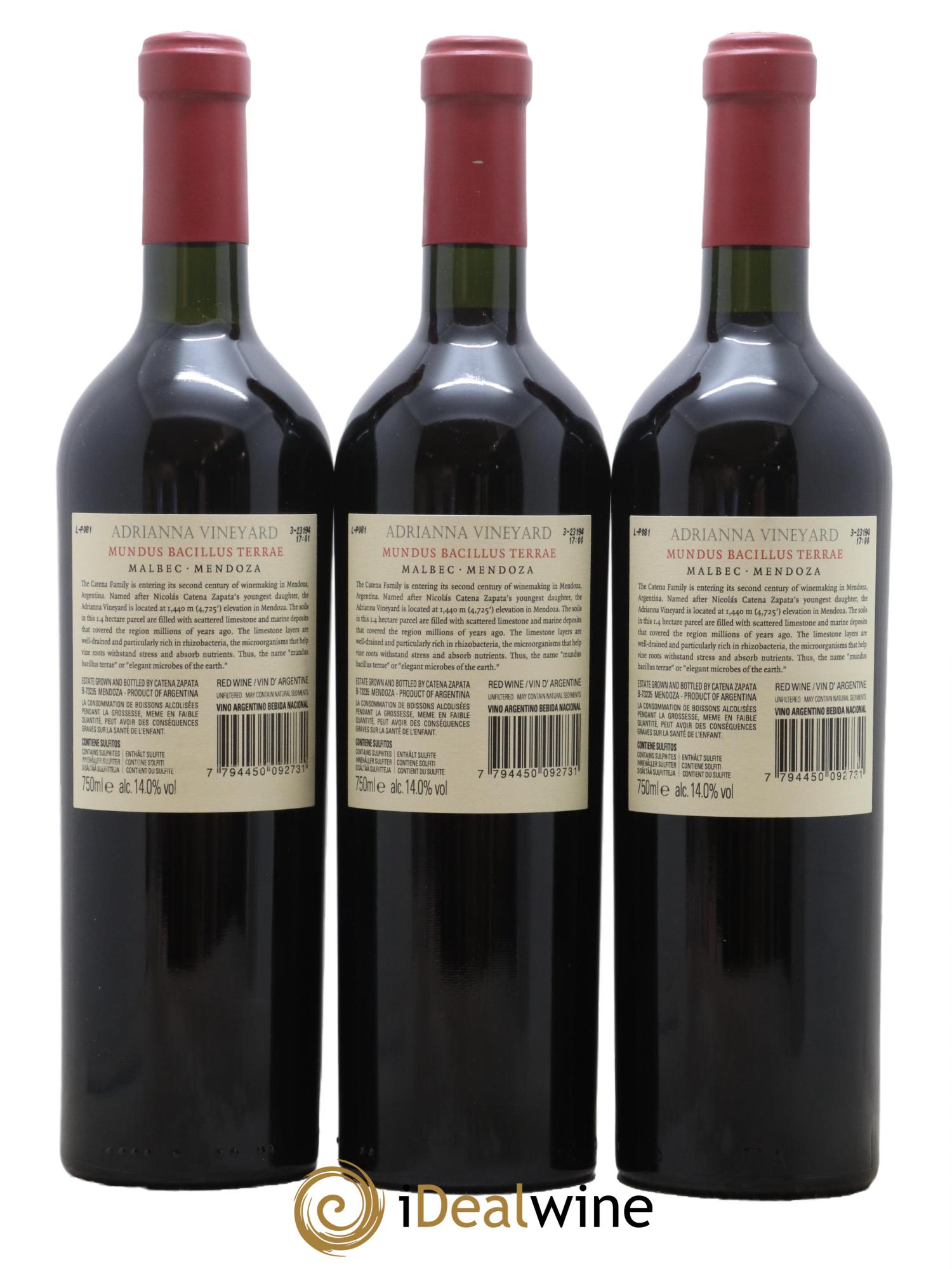 Mendoza Adrianna Vineyard Mundus Bacillus Terrae Catena Zapata 2020 - Lot de 3 bouteilles - 1